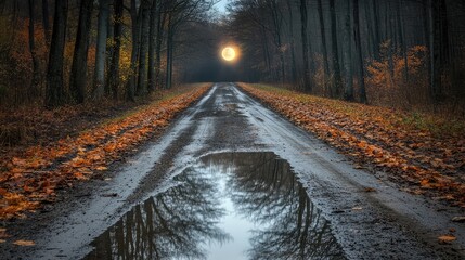 Fototapeta premium An empty country road with puddles reflecting the soft light of the moon, creating a calm and quiet atmosphere
