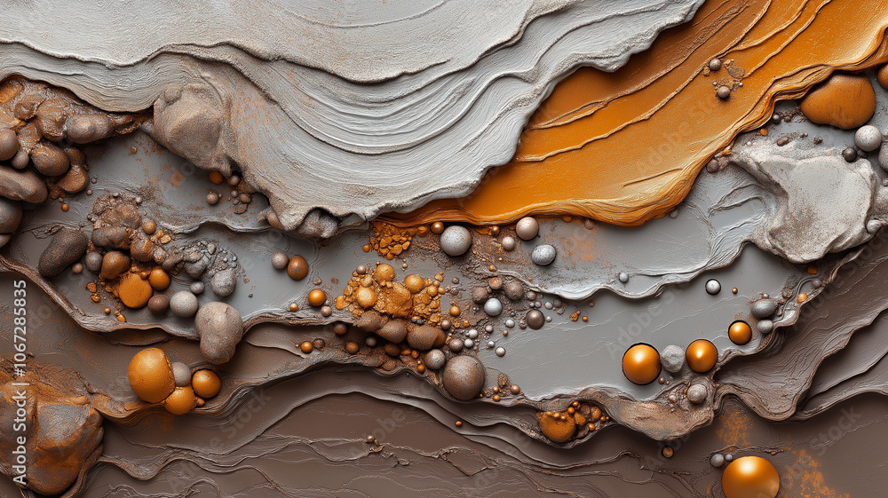 Poster close up of abstract brown and orange metallic texture with smooth layers and spheres