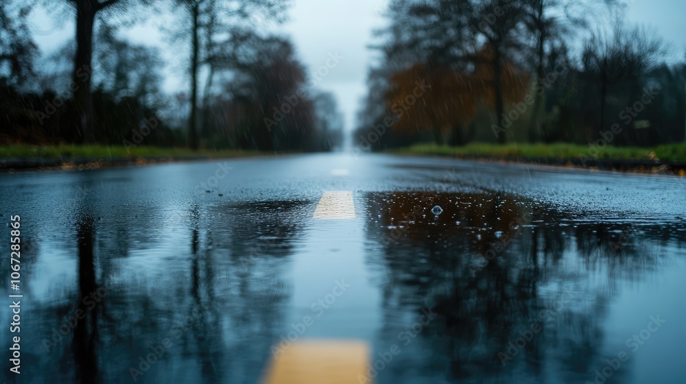 Poster close-up of a road's reflective surface after rainfall, with distorted reflections of surrounding tr