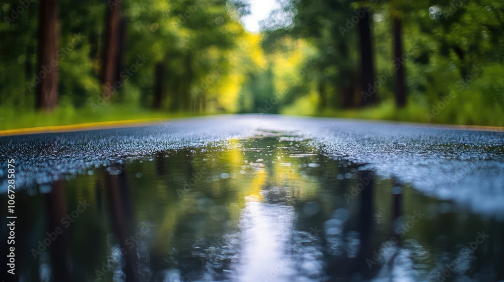 Poster close-up of a road's reflective surface after rainfall, with distorted reflections of surrounding tr