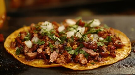 A beef and bean filling in a tortilla, garnished with avocado, spices, and chiles.