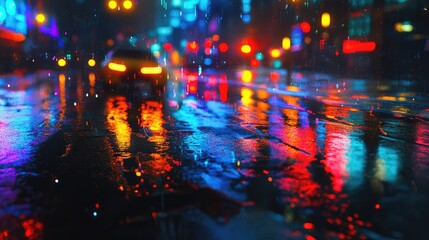 Fototapeta premium An urban road at night, with reflections of colorful traffic lights and city buildings dancing across the wet surface