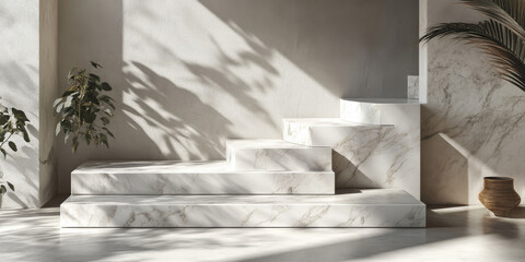 Tiered white stone podium with polished surfaces, surrounded by subtle shadows, ideal for product display in an upscale setting