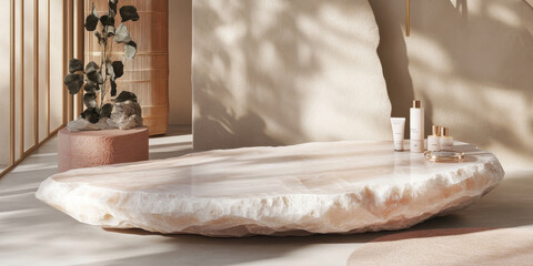 Polished white onyx stone podium with light pink hues, perfect for a refined beauty product display