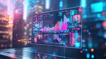 Digital stock market analysis interface with data charts and neon lights