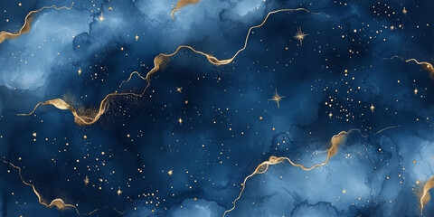 Dreamy seamless watercolor night sky with delicate gold foil stars, constellations, and misty clouds in shades of dark indigo