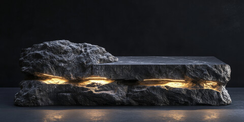 Black stone podium with layered rock elements, illuminated with accent lighting, creating a dramatic and elegant display space