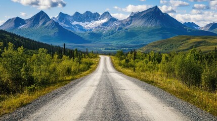 Fototapeta premium A lonely, gravel road cutting through a rugged, mountainous rural landscape, framed by tall peaks in the background