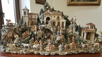 Fototapeta premium Enchanting nativity scene with mary, joseph, jesus, shepherds, and wise men amidst twinkling lights
