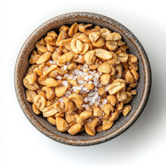 A bowl of roasted nuts with sea salt, isolated on a white background, highlighting a healthy snack choice