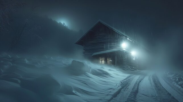 Snowy Cabin in the Fog Nighttime Landscape Winter Wonderland Moonlit Forest Snowstorm