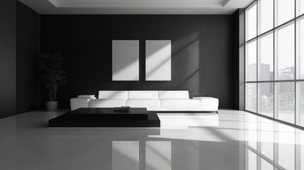 Modern Living Room with White Sofa, Black Coffee Table, and City View