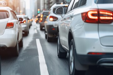 Heavy Traffic on City Street with Cars During Rush Hour