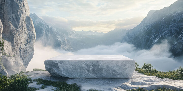 Stone podium placed outdoors in a mountain landscape with misty clouds, creating a calm, natural setting for beauty and skincare displays