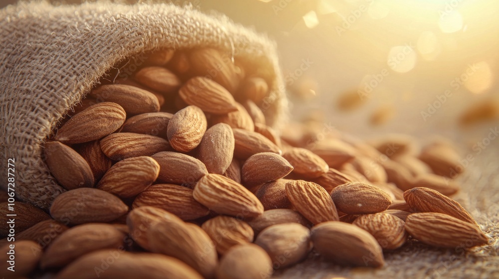 Poster burlap sack overflows almonds showcasing their texture and natural color bright backdrop. lighting e