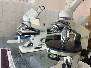 Close-up of a microscope in a medical laboratory, medical equipment, scientific and medical research, clinic