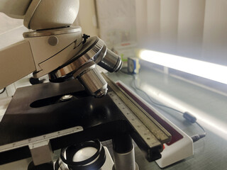 Close-up of a microscope in a medical laboratory, medical equipment, scientific and medical...