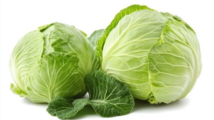 Obraz premium Fresh Green Cabbage with Leaves Isolated on White Background