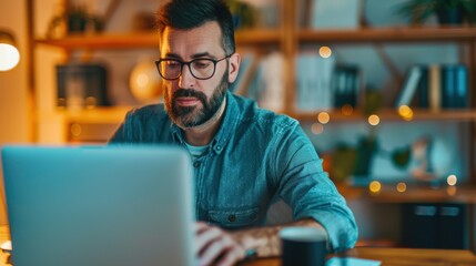 Fototapeta premium Focused Man Working on Laptop at Cozy Home Office with Warm Lighting