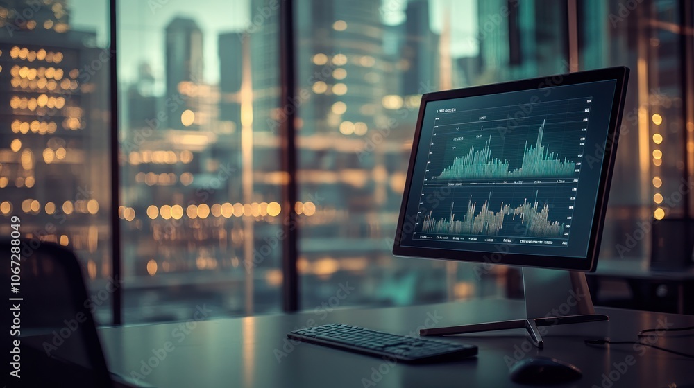 Aufkleber a modern office scene with a computer displaying financial data against a city backdrop.