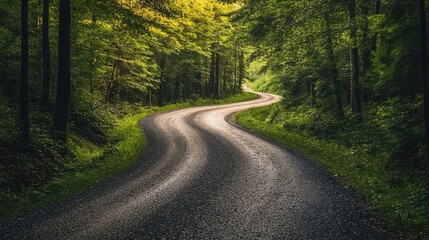 Obraz premium A rural road cutting through a dense forest, with the sunlight casting dappled shadows on the gravel surface below
