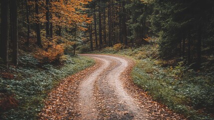 Obraz premium An old country road winding through a forest, with vibrant autumn leaves scattered along the dirt path