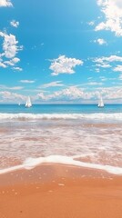 Serene beach scene with sailboats and a clear blue sky.