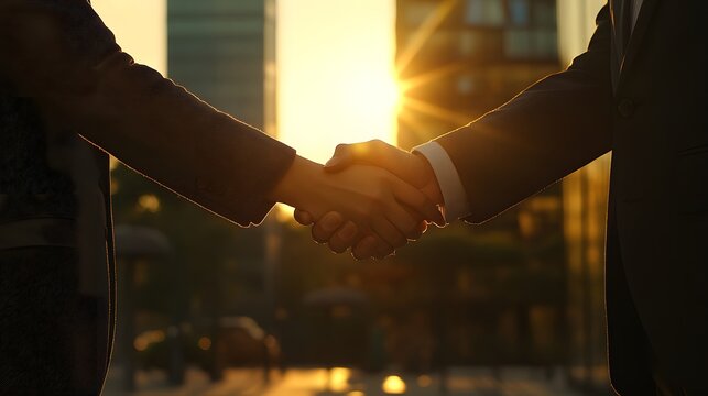 Two businesspeople shaking hands with a mediator standing between them, mediation, conflict resolution in negotiation