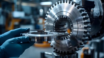Engineer inspecting a mechanical part with calipers, precision measurement, high-quality manufacturing
