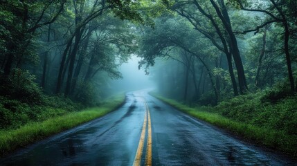 Fototapeta premium A misty forest road with damp pavement glistening, surrounded by towering trees that fade into the dense fog above