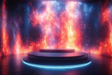 futuristic holographic podium glowing with dynamic light patterns set against a sleek backdrop emphasizing innovation and modern presentations perfect for technologythemed events