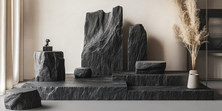 Large black stone podium with a matte finish, featuring unique stone patterns, ideal for product display with a modern vibe