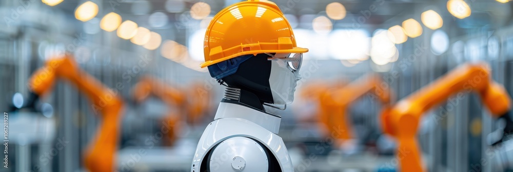 Poster robot in hard hat in industrial factory setting with robotic arms in background