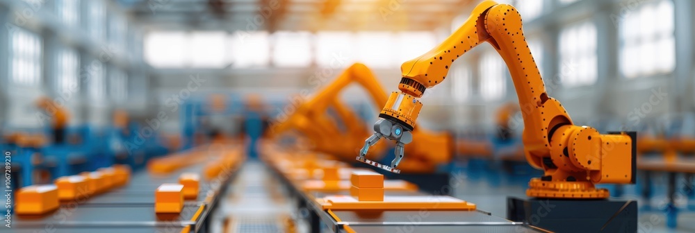 Aufkleber industrial robotic arm sorting objects on factory conveyor belt