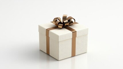 Obraz premium White gift box with a gold ribbon and bow on top, placed on a plain white surface
