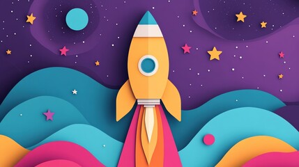 Colorful rocket launch against a whimsical cosmic background.