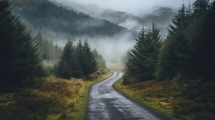 A narrow road leading into a fog-covered valley, with only the faint outlines of trees visible through the thick mist