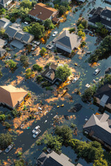 Fototapeta premium High-angle view of residential neighborhood flooded after a tropical storm, with homes, cars, and streets under water, surrounded by scattered debris