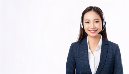 Working woman - phone operator -call center operator wear earphone with microphone on isolated white background