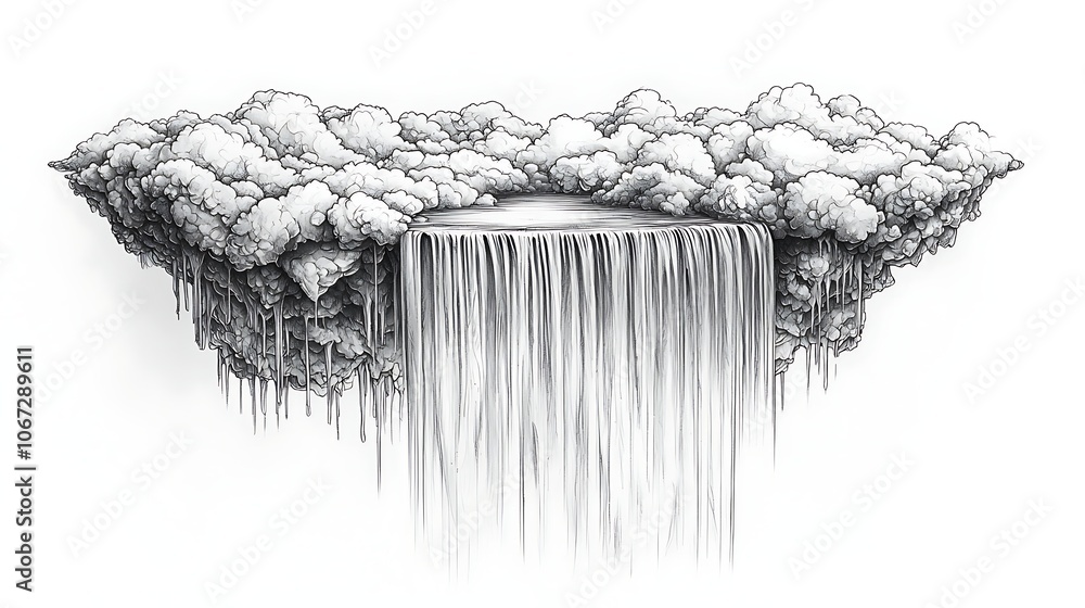 Poster serene sketch of a cascading waterfall in clouds