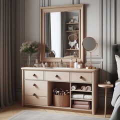 A vanity table with a built in mirror providing functionality fo