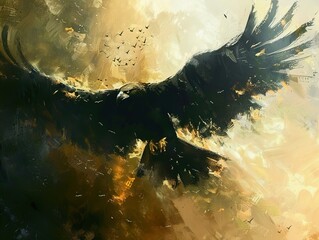 Majestic Eagle Soaring Through Golden Sky: A Dramatic Painting of Avian Power