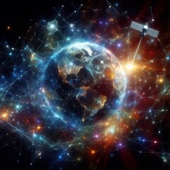 Obraz premium A web of satellites connected by holographic lines representing