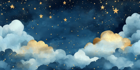Seamless celestial night sky pattern with delicate gold foil stars and clouds in watercolor textures, featuring constellations on a dark blue background