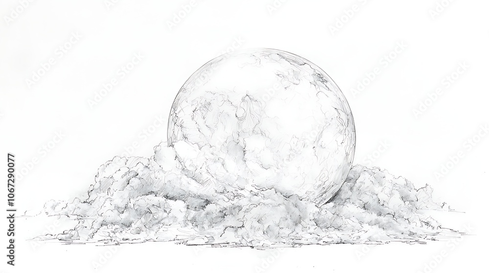 Poster mystical glowing orb in soft clouds sketch