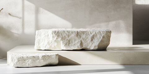 Layered white stone podium with a rugged, natural look and soft light, highlighting product sophistication