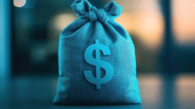 Glossy money bag with a dollar sign illuminated by blue light, evoking themes of financial stability, wealth, and savings