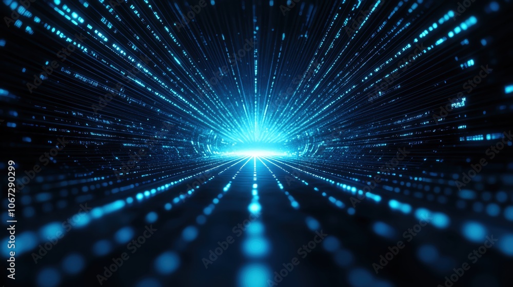Poster futuristic blue digital abstract background with light rays and glowing particles.