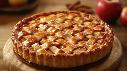 Baked apple pie with caramelized apples, topped with a flaky crust.