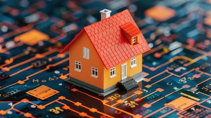 Model House on Circuit Board Representing Smart Home Technology and IoT Connectivity